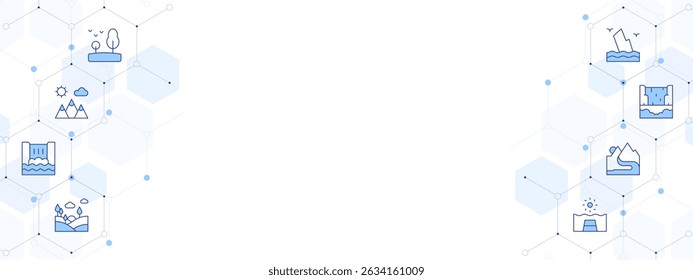 Landscape Banner Vector Illustration with Two-sided Icon Style. Line Duotone icon. Containing. forest, mountain, waterfall, landscape, contemplation, river.