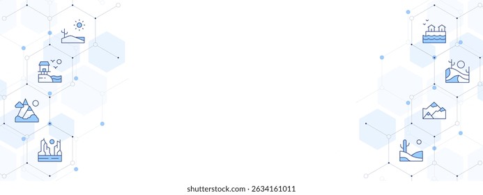 Landscape Banner Vector Illustration with Two-sided Icon Style. Line Duotone icon. Containing. desert, village, mountain range, canyon, mountain, sea.