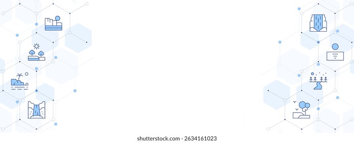 Landscape Banner Vector Illustration with Two-sided Icon Style. Line Duotone icon. Containing. desert, plantation, cliff, waterfall, wood, path, landscape.