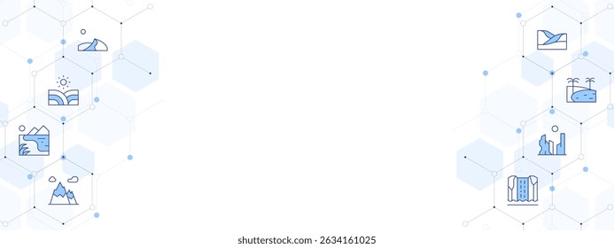 Landscape Banner Vector Illustration with Two-sided Icon Style. Line Duotone icon. Containing. dunes, field, lake, alps, waterfall, canyon, oasis.