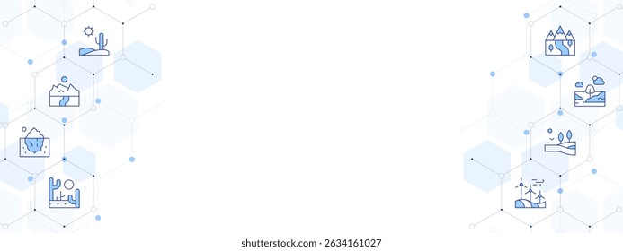 Landscape Banner Vector Illustration with Two-sided Icon Style. Line Duotone icon. Containing. desert, mount kenya, iceberg, field, meadow, landscape, route.