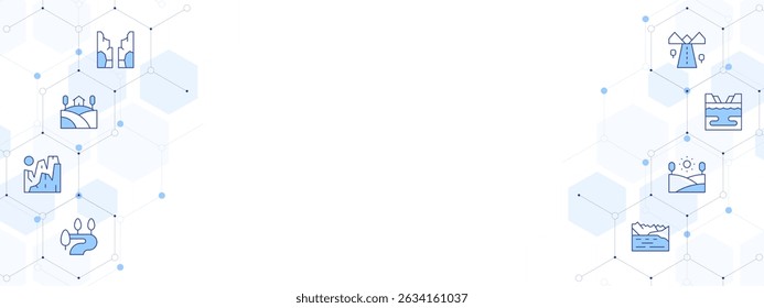 Landscape Banner Vector Illustration with Two-sided Icon Style. Line Duotone icon. Containing. canyon, house, cliffs, river, landscape, lake, road.