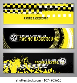 Landscape banners with grunge checkered racing elements. Vector illustration in black, yellow and white colours. Automotive rallying concept in modern style.