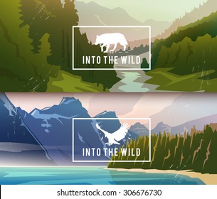 Landscape banners on themes: nature of Canada, survival in the wild, hunting, camping, trip. Vector illustration.