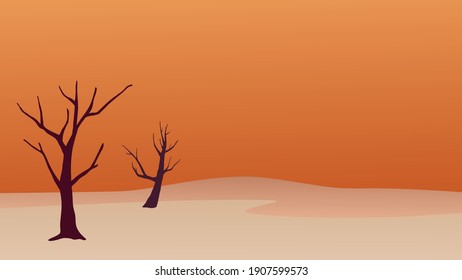 Landscape bare desert tree with red sand background. Vector illustration