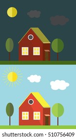 Landscape with barn, day and night. Flat design of barn