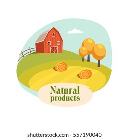 Landscape With Barn, Field And Hay Stacks, Farm And Farming Related Illustration In Bright Cartoon Style