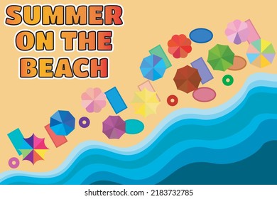 Landscape of a beach, coastline full of umbrellas, towels and floats.
Summer on the beach