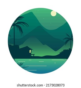 landscape beach and cottage night moon