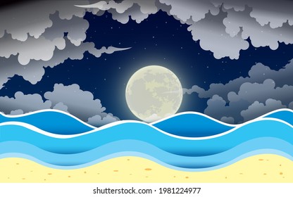 landscape of the beach in full moon night