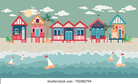 Landscape with Beach Huts in a Row. Vector illustration