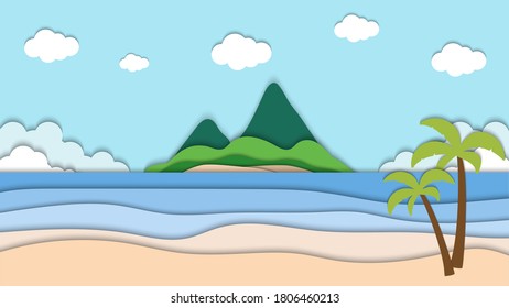 landscape of beach and mountain paper cut vector illustration, good for abstract background,wallpaper and backdrop etc