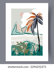 Landscape beach palm sea wall art print. Wall artwork for interior design. Printable minimal abstract beach poster. Contemporary decorative background with sea.