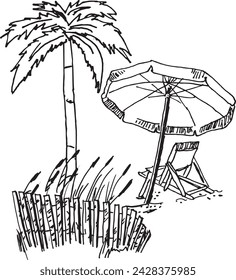 Landscape with beach and palm trees sketch. Summer beach Hand drawn sketch. Summer vacation, vacation, travel concept. Beach umbrella, sand dune fence