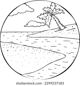 Landscape with beach with palm trees under the clouds inside the circle vector illustration