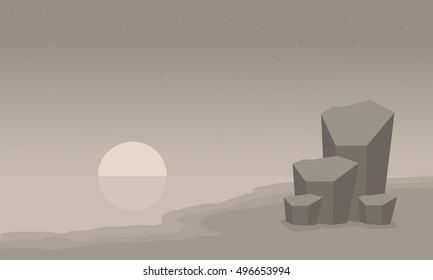 Landscape beach and rock of silhouette vector illustration