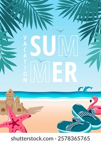Landscape with beach, sand castle, slate, swimming circle, starfish, dolphins in a frame of palm branches. Summer vacation is a poster for special promotions.