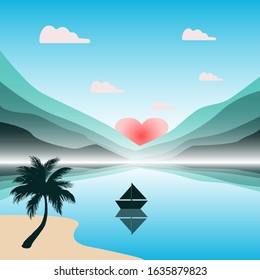 landscape beach scenery with heart shape sun