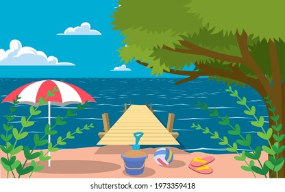 landscape of the beach in summer in flat design