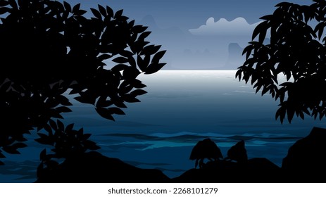 landscape of beach and tree. silhouette of hermit crab on the rock