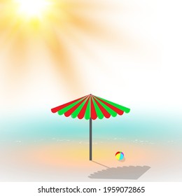 Landscape with beach umbrella and ball on the sand with blurry blue ocean and sun beams. Soft focus. Vector illustration.