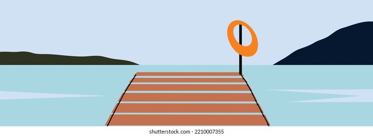 Landscape beach view,beautiful seashore on a sunny day,with a pretty bridge. flat vector illustration