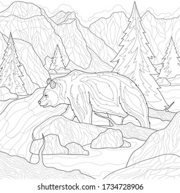 
Landscape. Bear near the river. It is surrounded by mountains and trees.Coloring book antistress for children and adults. Illustration isolated on white background.Zen-tangle style.Black and white