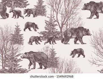 
Landscape with bears, cubs, winter trees and fir trees. Wildlife seamless pattern. Hand drawn vector vintage illustration.