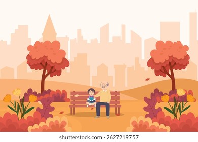Landscape of a beautiful autumn park, and Grandpa and grandson are sitting on a park bench. Beautiful autumn trees, falling colorful leaves, clouds in an amazing sky and mountains on the horizon. 