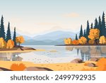 Landscape of a beautiful autumn park with a lake. Beautiful autumn trees, falling colorful leaves, clouds in an amazing sky and mountains on the horizon. Autumn season vector illustration.