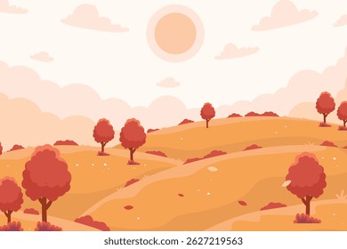 Landscape of a beautiful autumn park. Beautiful autumn trees, falling colorful leaves, clouds in an amazing sky and mountains on the horizon. 