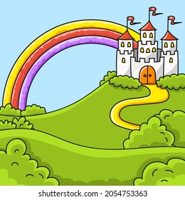Paisaje con un hermoso castillo. Fondo de color para tu diseño. Para papeles pintados, portadas, postales, pancartas. Ilustración vectorial.