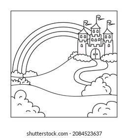 Landscape with a beautiful castle. Coloring book page for kids. Cartoon style. Vector illustration isolated on white background.