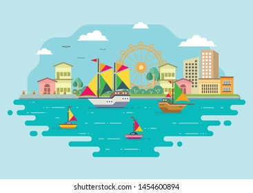 Landscape Beautiful City Flat With Port and Pinisi Ship Fisherman Vector, Colorful Eco Cityscape Design Illustration.