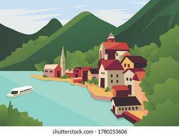 Landscape of beautiful city, mountain, and bay, vector illustration of natural and rustic background for poster, banner, card, brochure, or cover.