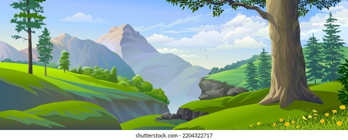 A landscape of the beautiful cliffs with green meadows and mountains.