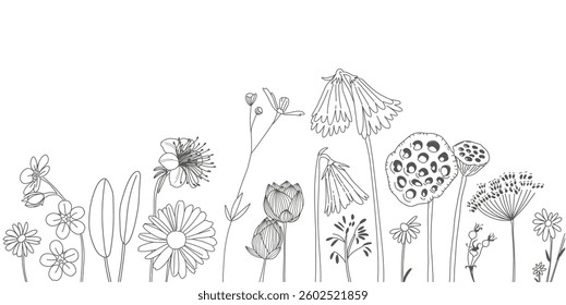 Landscape of beautiful flower line art on white background 