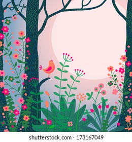 Landscape. Beautiful Forest Scene With Bird And Place For Your Text. Vector Illustration.