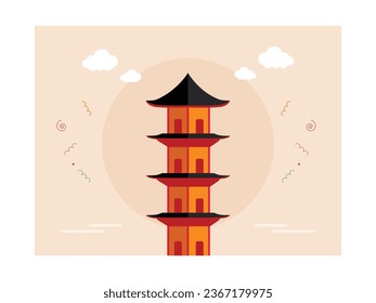Landscape of beautiful pagoda building, traditional architectural place of worship. Character design. Vector flat illustration