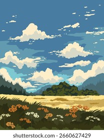 Paisaje con hermoso cielo y muchas nubes diferentes, árboles y campos con flores. Ilustración vectorial.