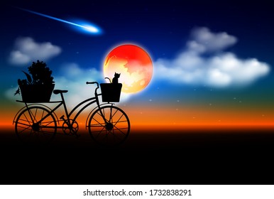 landscape beautiful sky in the night with cat on a bicycle basket see red moon and stars comet vector art illustration.