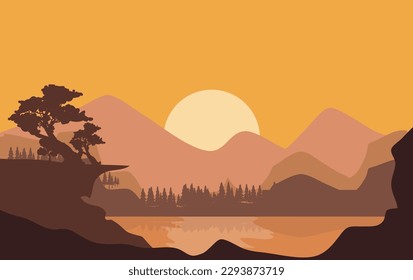 Paisaje con una hermosa puesta de sol sobre el fondo de las montañas y un lago.