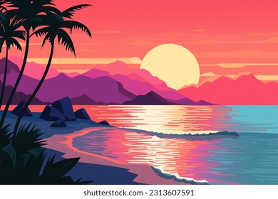 Landscape of a beautiful sunset on the beach. Warm, gorgeous sunset on a paradise beach. Calm ocean waves, palm trees and mountains. Paradise pleasure, rest, sea, beach. Vector illustration