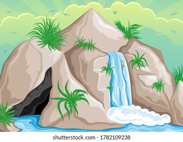 Landscape with a beautiful tropical waterfall in the rocks.