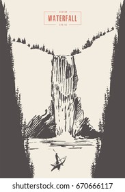 Landscape with beautiful waterfall though the mountain slopes with pine forest, hand drawn vector illustration, sketch
