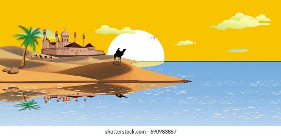 Landscape - Bedouin on the coast. The sandy desert. Arab fortress in the desert. Vector illustration