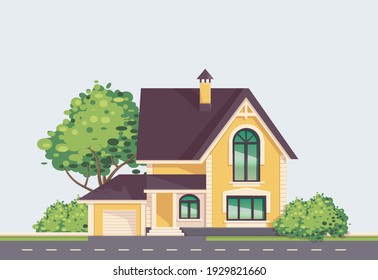 Landscape with a beige house, tree and bushes. Country house with garden and road in front of the house. Background for advertising or animation. Use to sell homes, mortgages or other property topics