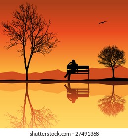Landscape with Bench and Tree Silhouettes