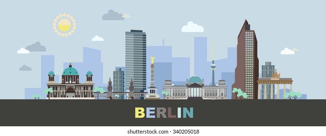 The landscape of Berlin with modern and historical buildings of the city. Vector illustration.