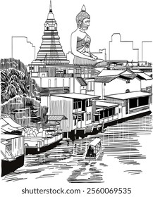 landscape of big buddha in the city large Buddha statue in Bangkok (Wat Pak Nam Phasi Charoen) Thailand . Vector illustration. Sketch drawing